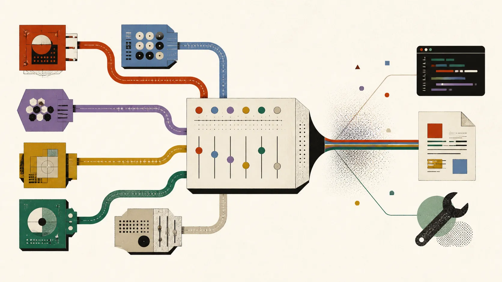 Six abstract machines feeding colored paths into a central routing console, which sends one coherent stream toward code, a document, and a tool