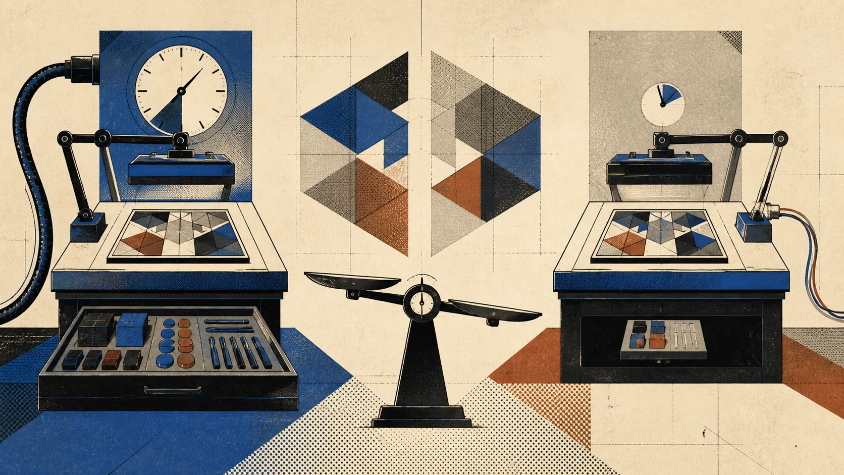 Two matching test benches given unequal power cables, clocks, and tools, with an unbalanced scale between them