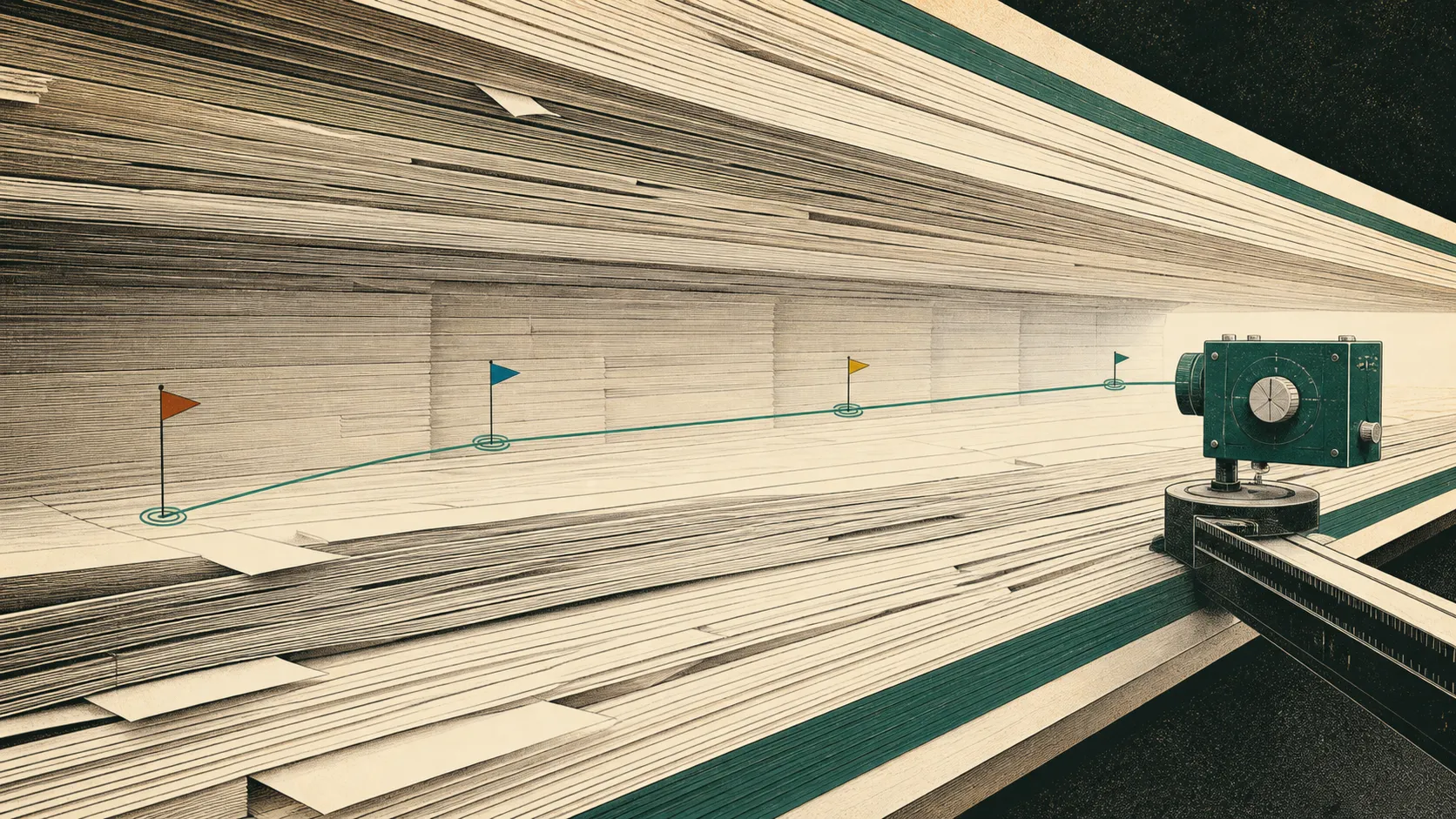 Four colored markers placed at different depths inside a vast corridor of layered paper, watched by a scanning instrument