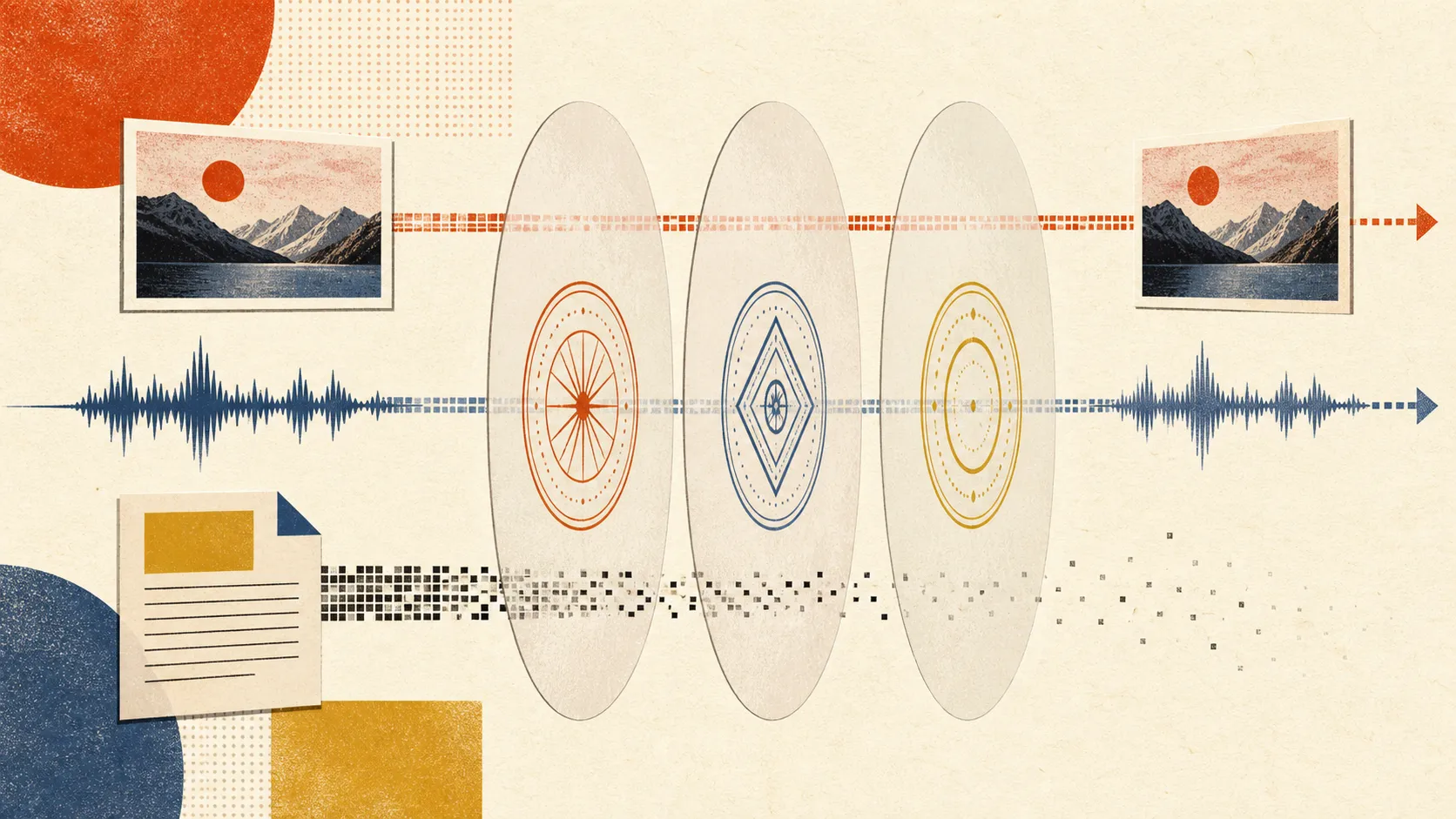 An image, audio waveform, and paper document passing through translucent verification seals, with the document's trace breaking apart