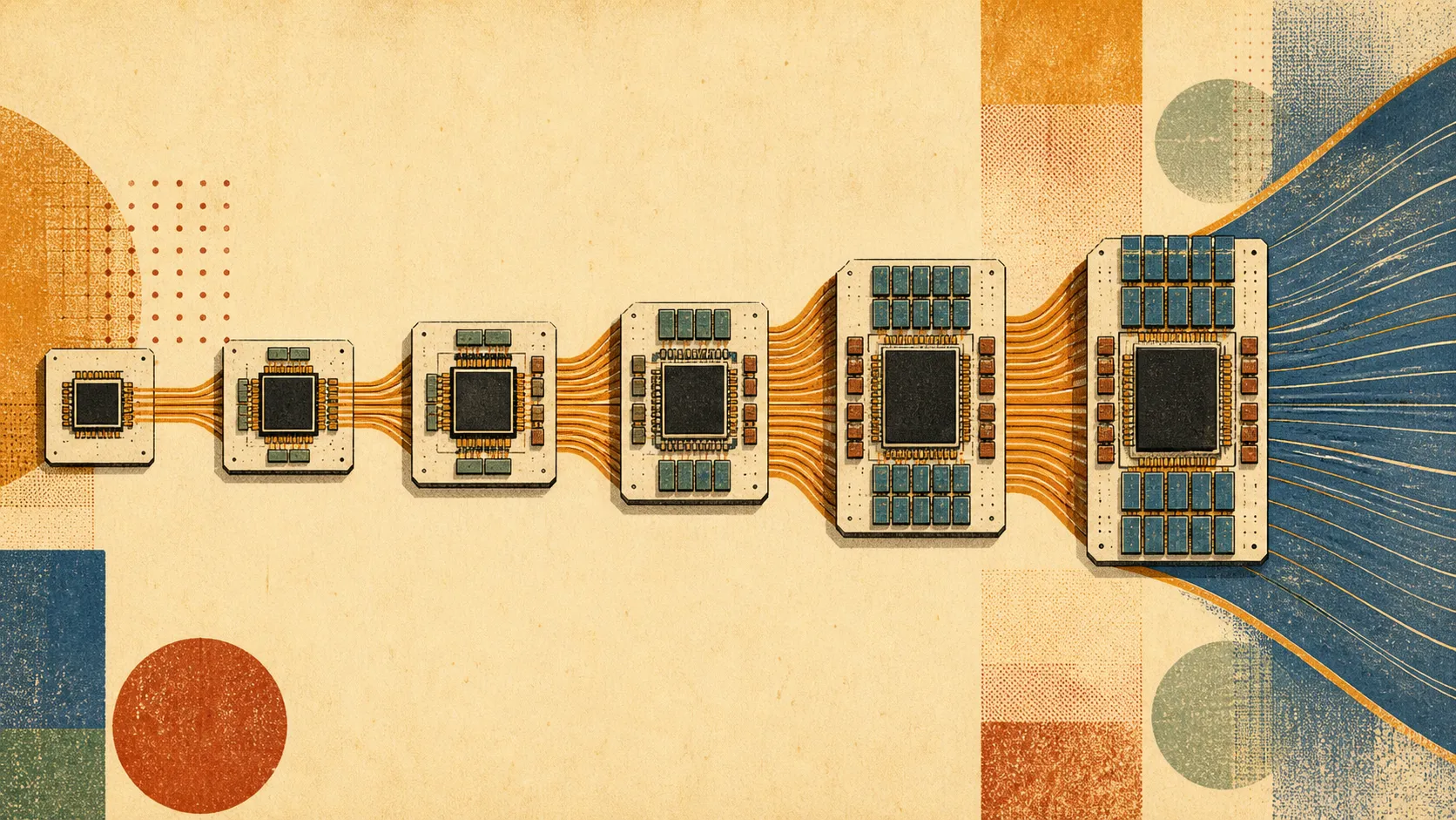 Six generations of modular chiplets connected by copper channels that widen into a broad blue memory bus